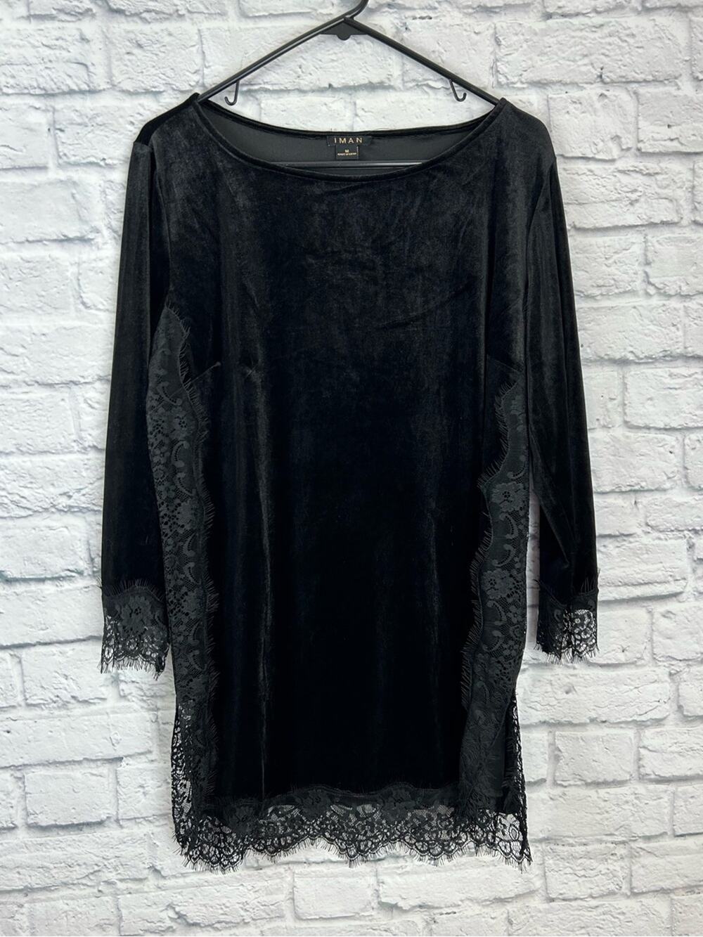 Iman Black Velvet Tunic Top Medium Lace Trim Long Sleeve Gothic